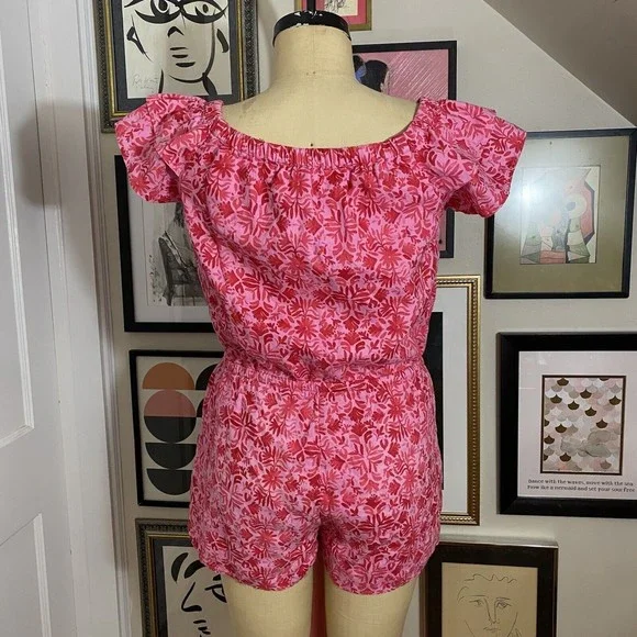 Vineyard Vines women's pink/red tile Otomi off the shoulder romper sz med - Picture 5 of 9